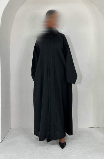 Maya in Black Pleated Linen Blend Abaya – Elegant, Comfortable & Nursing-Friendly