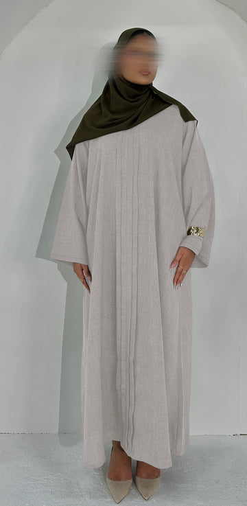 Maya in Neutral Cream Pleated Linen Blend Abaya – Elegant, Comfortable & Nursing-Friendly