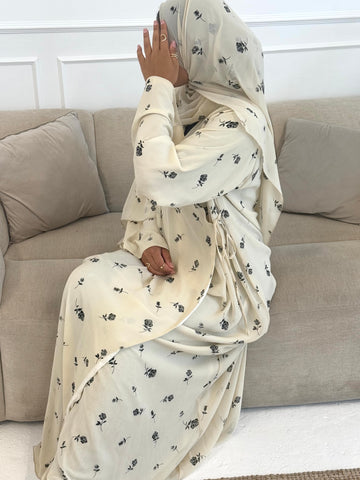 Cream floral Chiffon Rose Abaya Wrap Dress- Fully lined with matching Hijab