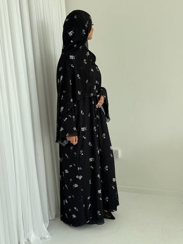 Black Floral Chiffon Rose Abaya – Cotton Lined Wrap Dress with Matching Hijab