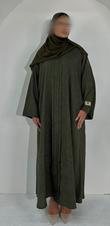 Maya in Deep Khaki Pleated Linen Blend Abaya – Elegant, Comfortable & Nursing-Friendly