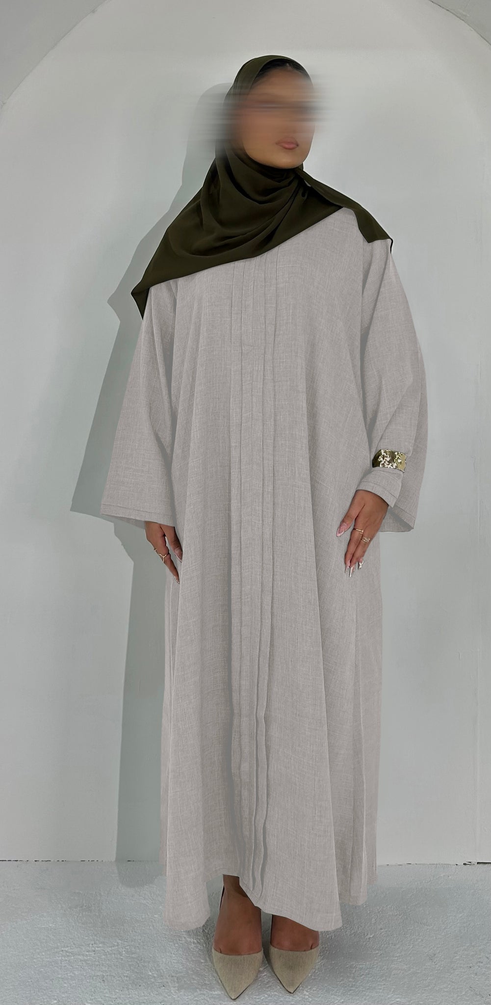Maya in Neutral Cream Pleated Linen Blend Abaya – Elegant, Comfortable & Nursing-Friendly