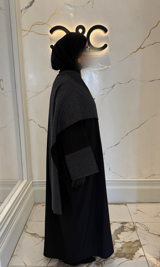 Shawl abaya with matching contrast sleeves in dark grey melange.