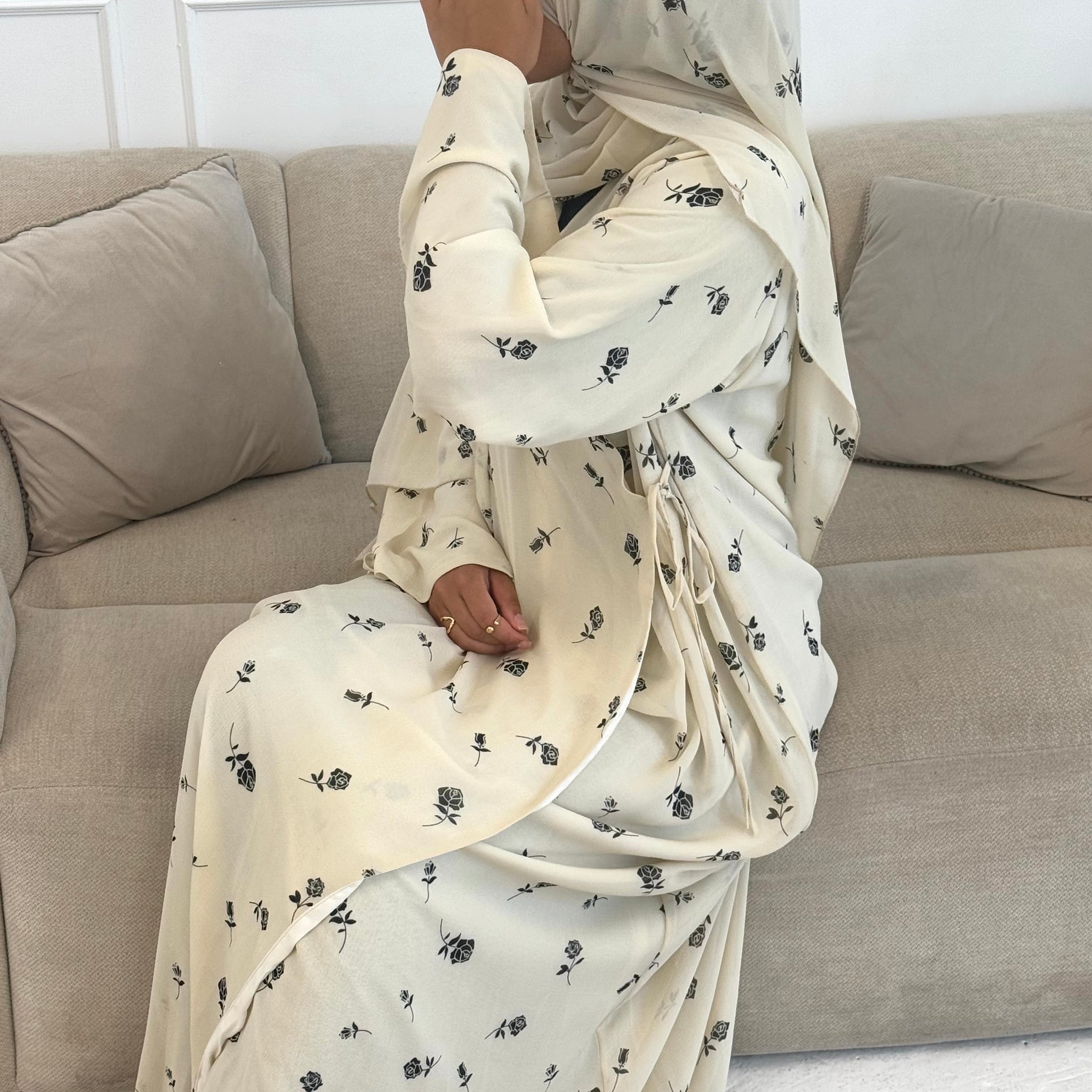 Cream floral Chiffon Rose Abaya Wrap Dress- Fully lined with matching Hijab