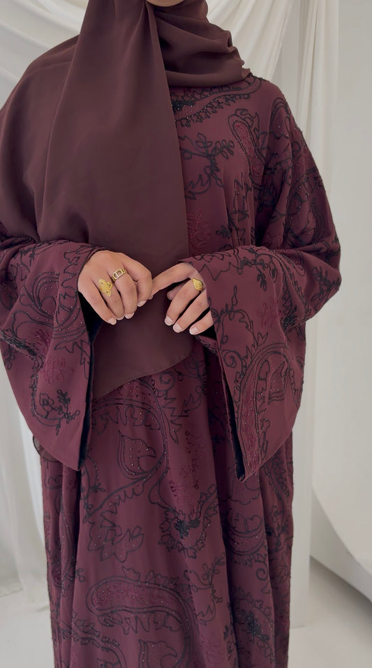 Deluxe Eid abaya with embroidery and stones in Burgundy