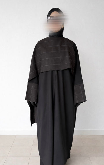 Shawl Abaya - Dark Brown Plaid with Contrast Sleeves - Doubles as nursing cover
