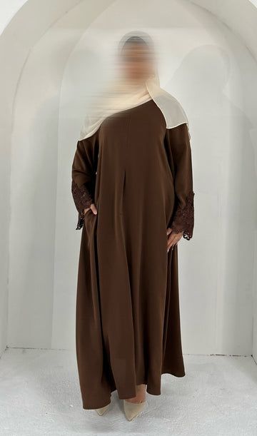 Sana Abaya Lace Sleeves with Pockets Coffee