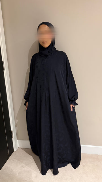 Navy Jacquard Printed (Jamila) - Abaya with attached hijab - nursingfriendly