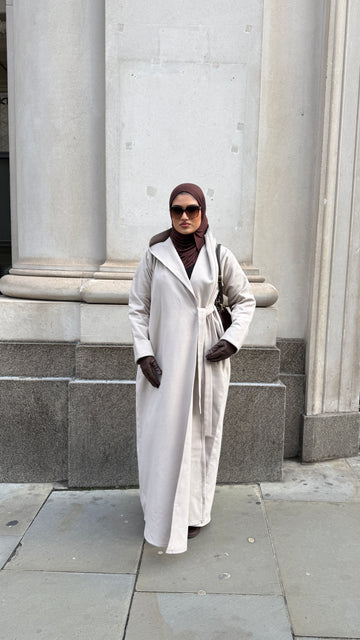 Winter side tie Wrap With Hood in cream
