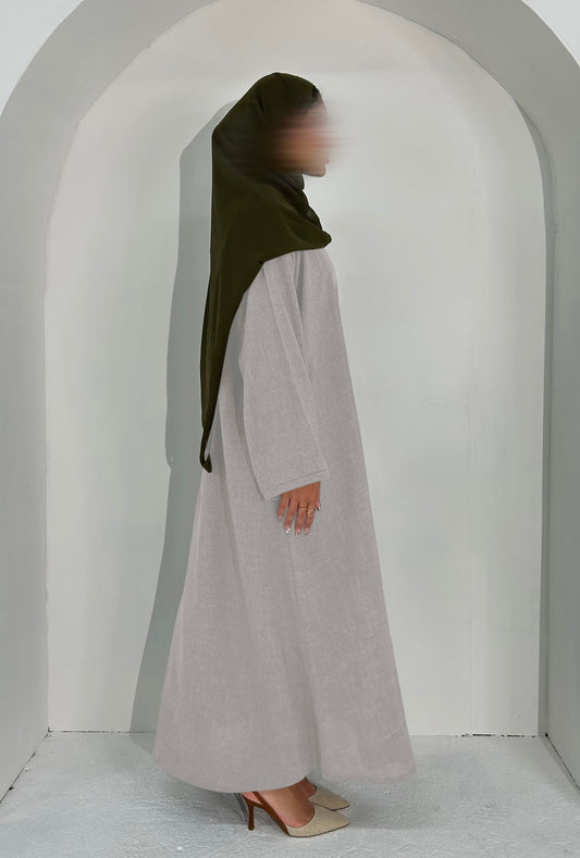 Maya in Neutral Cream Pleated Linen Blend Abaya – Elegant, Comfortable & Nursing-Friendly