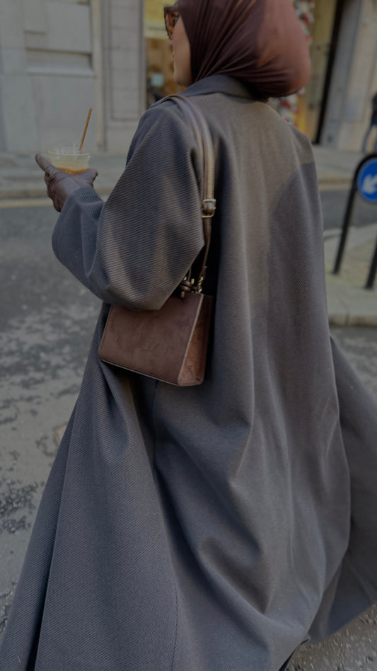 Assymetrical shirt collar winter abaya in charcoal stripes