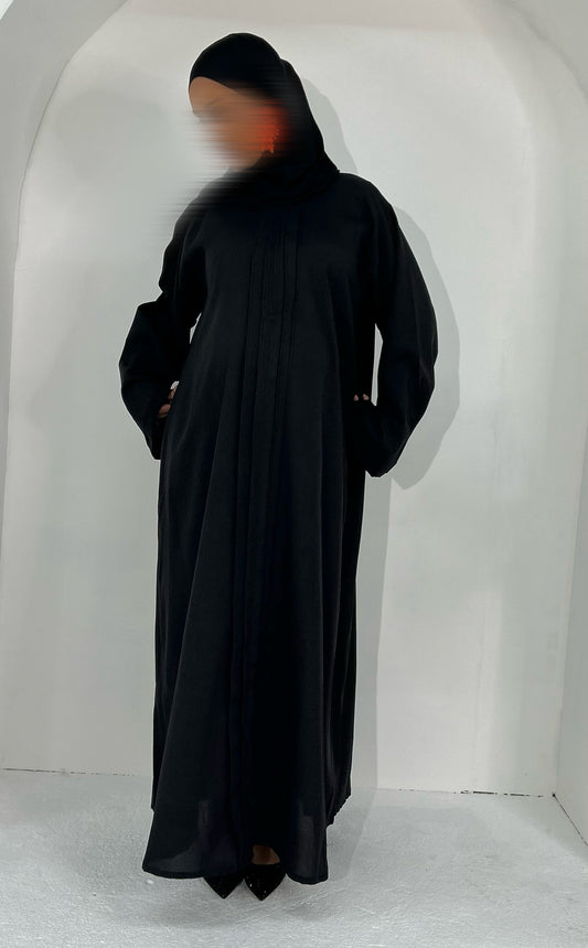 Maya in Black Pleated Linen Blend Abaya – Elegant, Comfortable & Nursing-Friendly