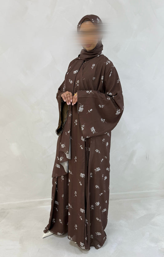 Brown floral Chiffon Rose Abaya Wrap Dress- Fully lined with matching Hijab