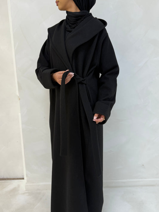 Winter side tie Wrap With Hood in black