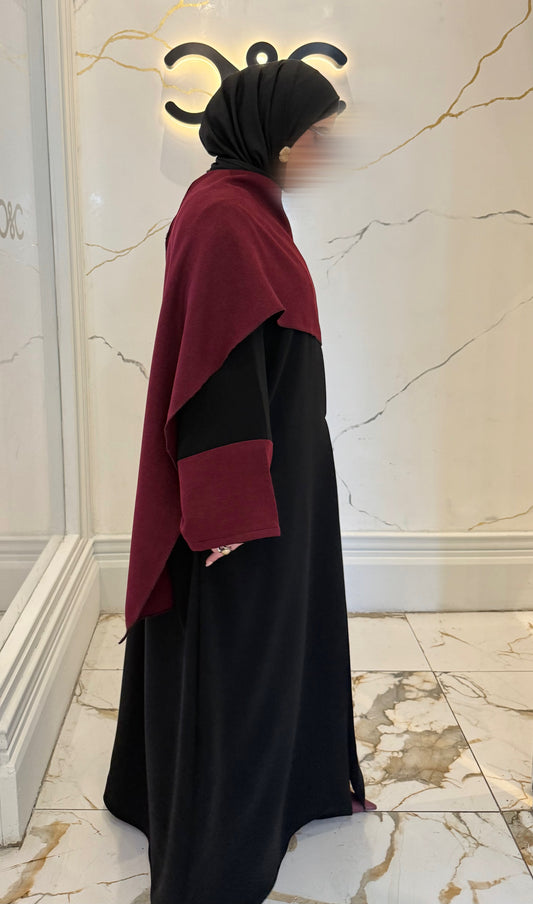 Shawl Abaya - Burgundy with Contrast Sleeves - Nursing Cover