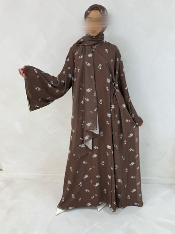 Brown floral Chiffon Rose Abaya Wrap Dress- Fully lined with matching Hijab