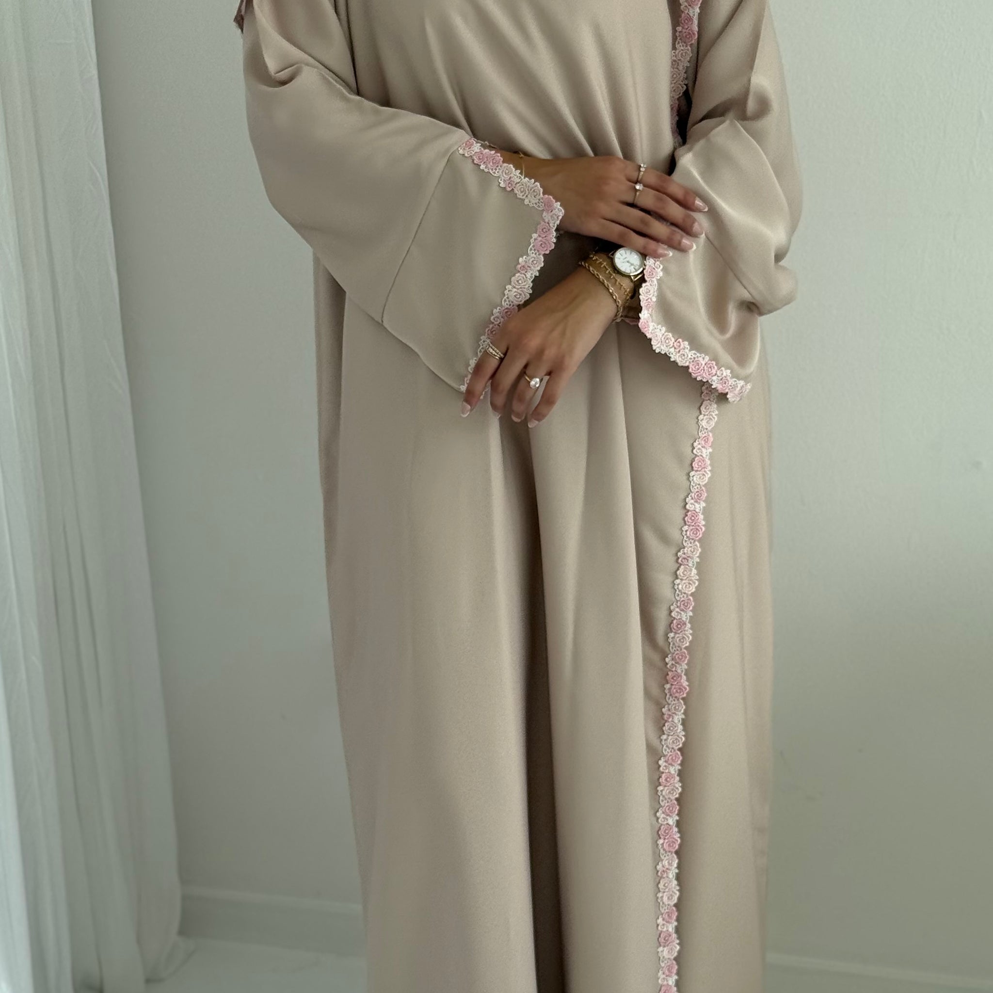 Zaira Flowerlace Abaya in Soft Beige - nursingfriendly