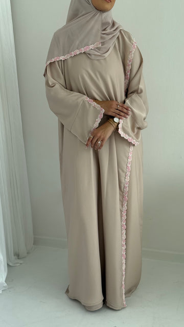 Zaira Flowerlace Abaya in Soft Beige - nursingfriendly