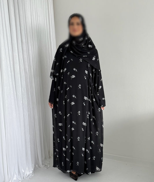 Black Floral Chiffon Rose Abaya – Cotton Lined Wrap Dress- No Hijab