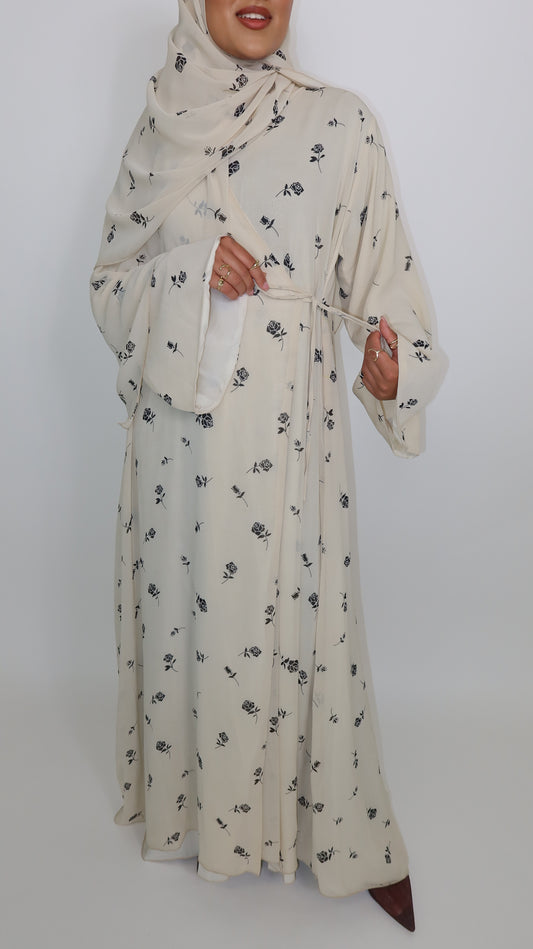 Cream floral Chiffon Rose Abaya Wrap Dress- Fully lined with matching Hijab