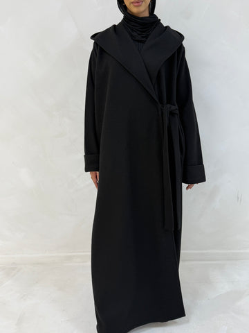Winter side tie Wrap With Hood in black