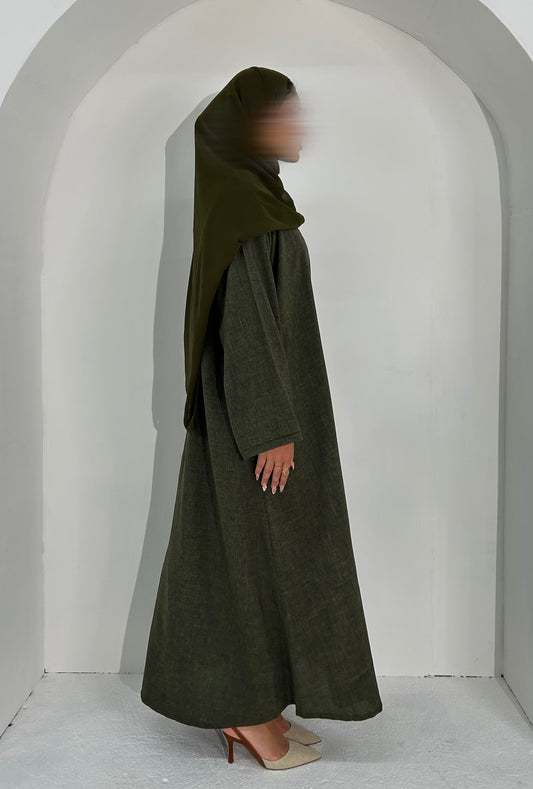 Maya in Deep Khaki Pleated Linen Blend Abaya – Elegant, Comfortable & Nursing-Friendly