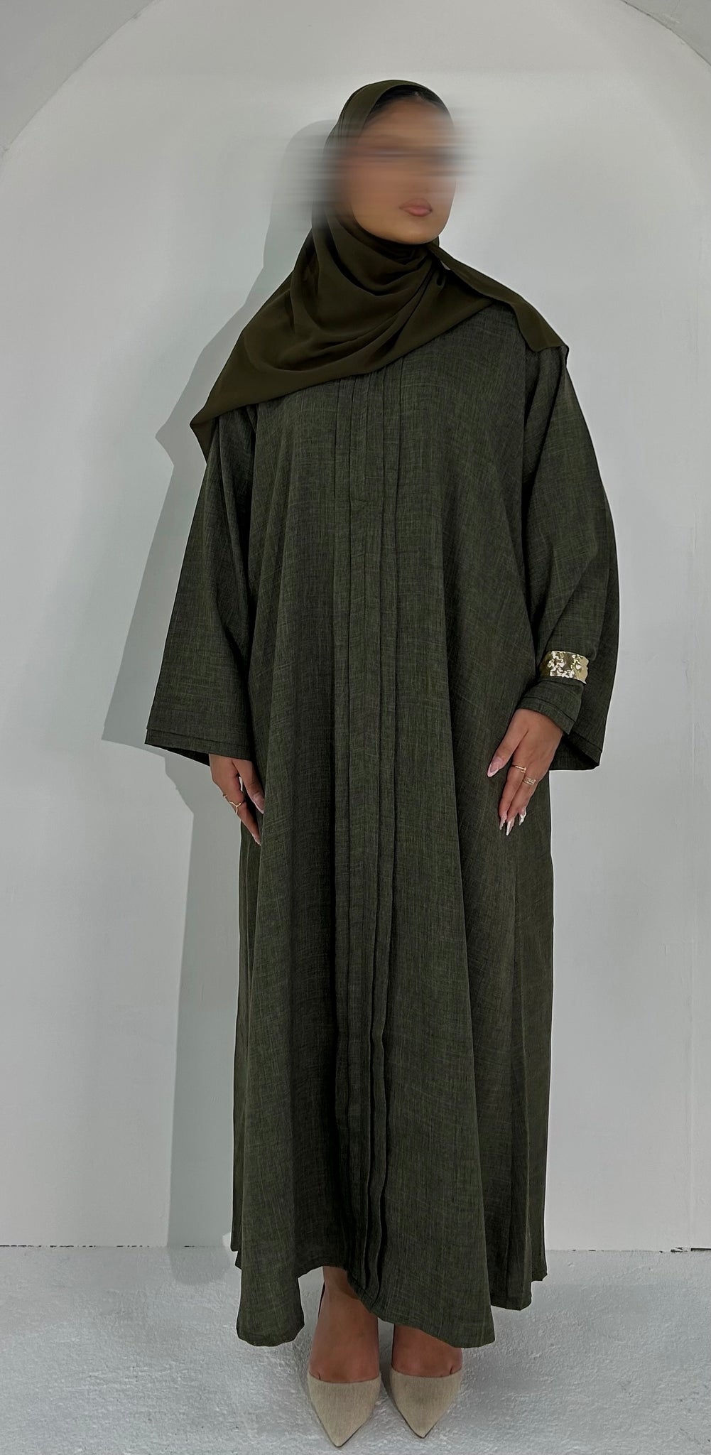 Maya in Deep Khaki Pleated Linen Blend Abaya – Elegant, Comfortable & Nursing-Friendly