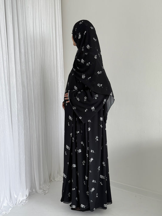 Black Floral Chiffon Rose Abaya – Cotton Lined Wrap Dress with Matching Hijab