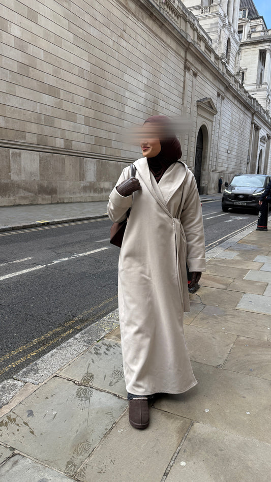 Winter side tie Wrap With Hood in cream