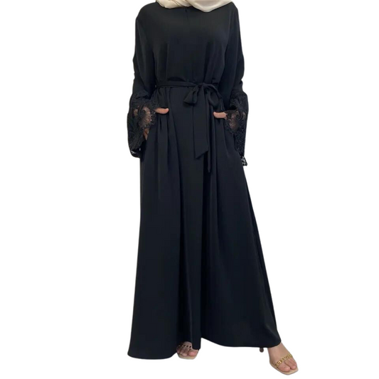 Sana Abaya Lace Sleeves with Pockets Black - Modest Maternity